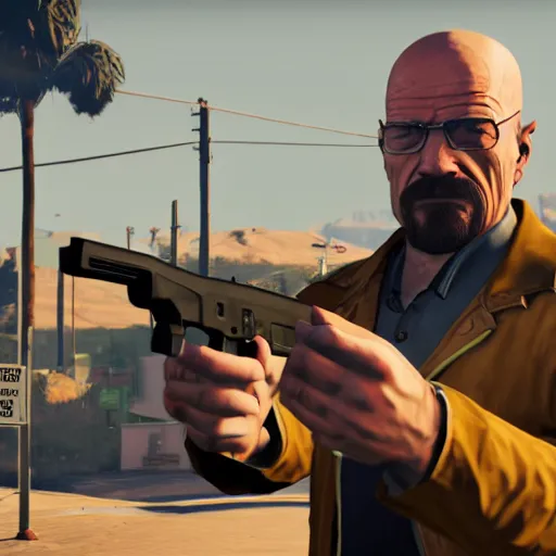 Prompt: walter white pointing a gun in GTA 5 loading screen, art station, trending, editor’s pickup, cinematic lighting, 4k,