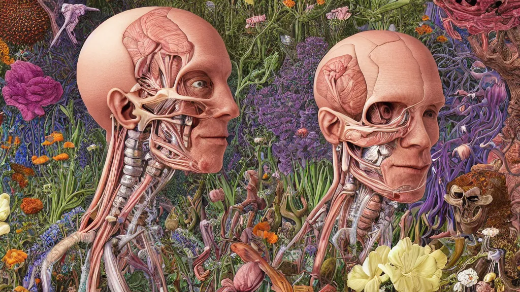 Image similar to highly detailed illustration of a human anatomy head surrounded all the known species of flowers by juan gatti, by moebius!!, by oliver vernon, by joseph moncada, by damon soule, by manabu ikeda, by kyle hotz, by dan mumford, by kilian eng