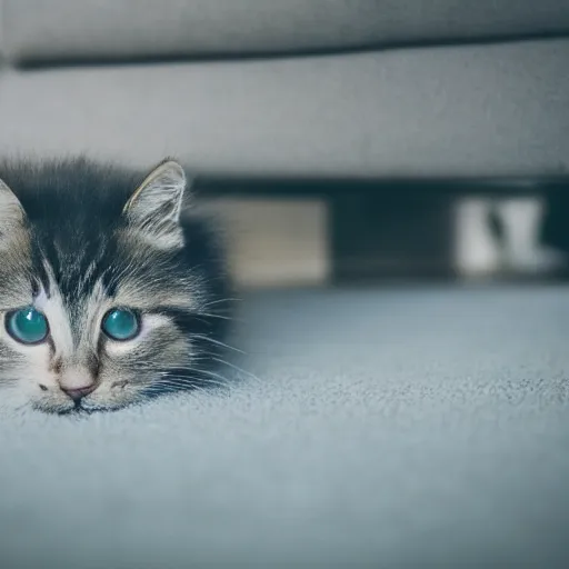 Image similar to photo of shy chunky!!, fluffy!!, kitten hiding under the couch, sharp focus, golden hour, f 1. 4