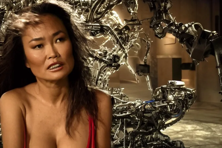 Prompt: a cinematic portrait of tia carrere fusing with a mechanical monstrosity, hyperdetailed, fritz lang and shinya tsukamoto, 8 k, hd, high resolution, 8 5 mm, f / 1. 8