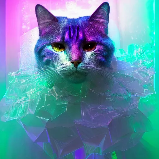 Prompt: spectral aesthetic cat surrounded by crystal, elegant, intricate detail, ombient occlusion, refraction, light particles, prism effect, post processing, 8k render, aspects of fantasy - - - n 4 - i - S