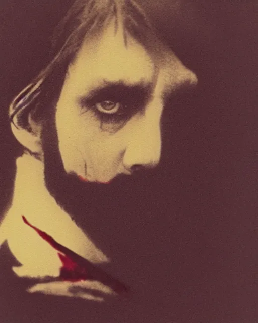 Prompt: an instant photo of a handsome but sinister ghost of a man in layers of fear, with violence in his eyes, 1 9 7 0 s, seventies, woodlands, delicate embellishments, a little blood, crimson, painterly, offset printing technique, by alexandre cabanel
