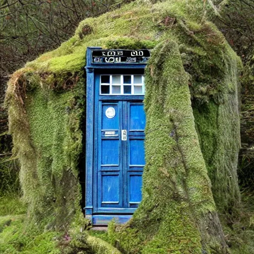 Prompt: old abandoned Tardis in wood covered in moss with broken windows