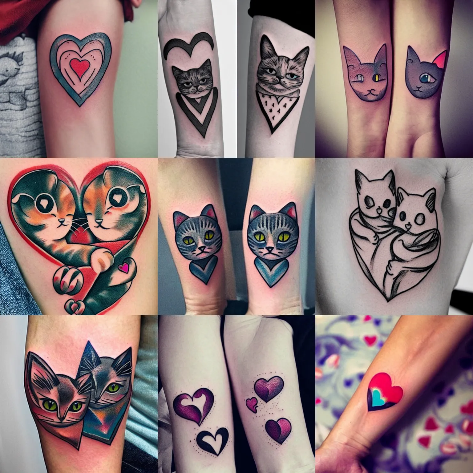 Prompt: cute tattoo two cats lying in the shape of a heart, neotraditional modern minimalist, instagram highlights, flash sheet, colorful