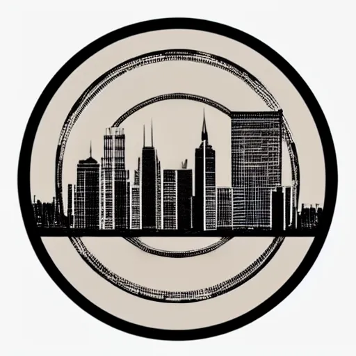 Prompt: a perfect circle, the outer edge of the circle is the silhouette of a city skyline, black and white, minimalist, in the style of a line drawing