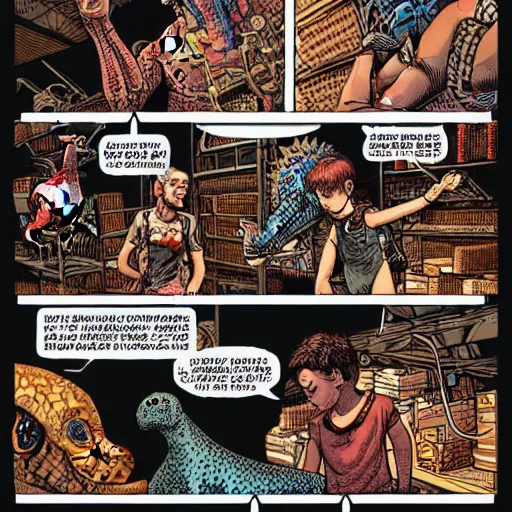 Prompt: intricate detailed comic panel illustration of cyborg punk street kids with a pet dinosaur in a warehouse rave, no speech bubbles, dystopian, cyberpunk, full-color