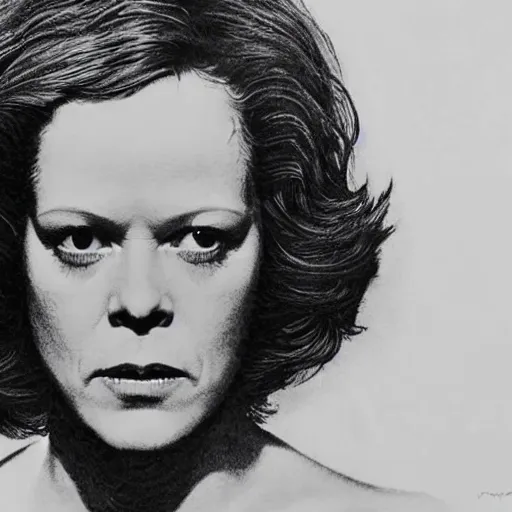 Image similar to sigourney weaver from alien, head and shoulders portrait, extremely detailed masterpiece, one single continues line.