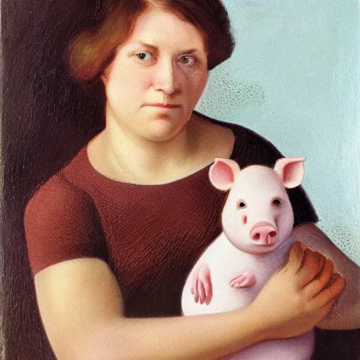 Image similar to portrait of female with piglet