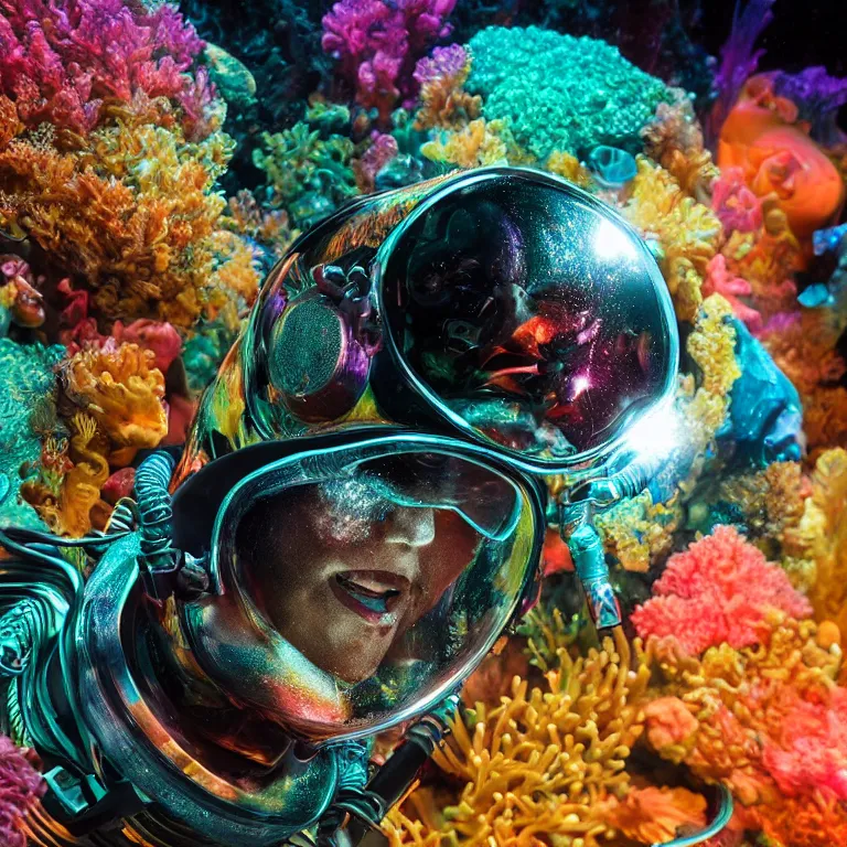 Image similar to octane render portrait by wayne barlow and carlo crivelli and glenn fabry, subject is a shiny reflective psychedelic colorful black ops scuba diver with small dim lights inside helmet, surrounded by bubbles inside an exotic alien coral reef aquarium full of exotic fish and sharks, cinema 4 d, ray traced lighting, very short depth of field, bokeh