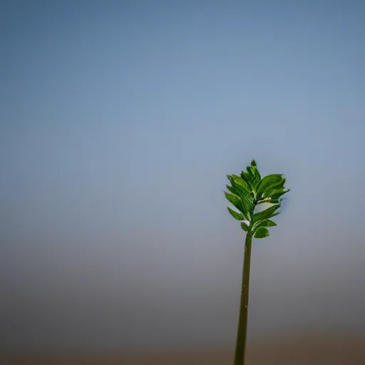 Prompt: a single lone sprout grows in a barren desert, the horizon is visible in the background, low angle 8k HD nature photo