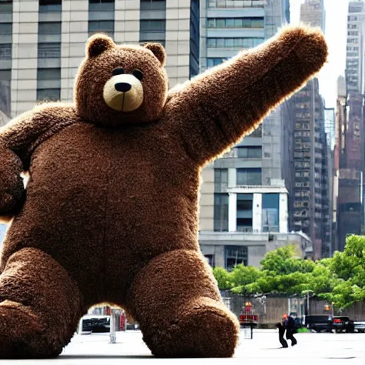 Prompt: a giant teddy bear like Godzilla is destructing crashing buildings in New York