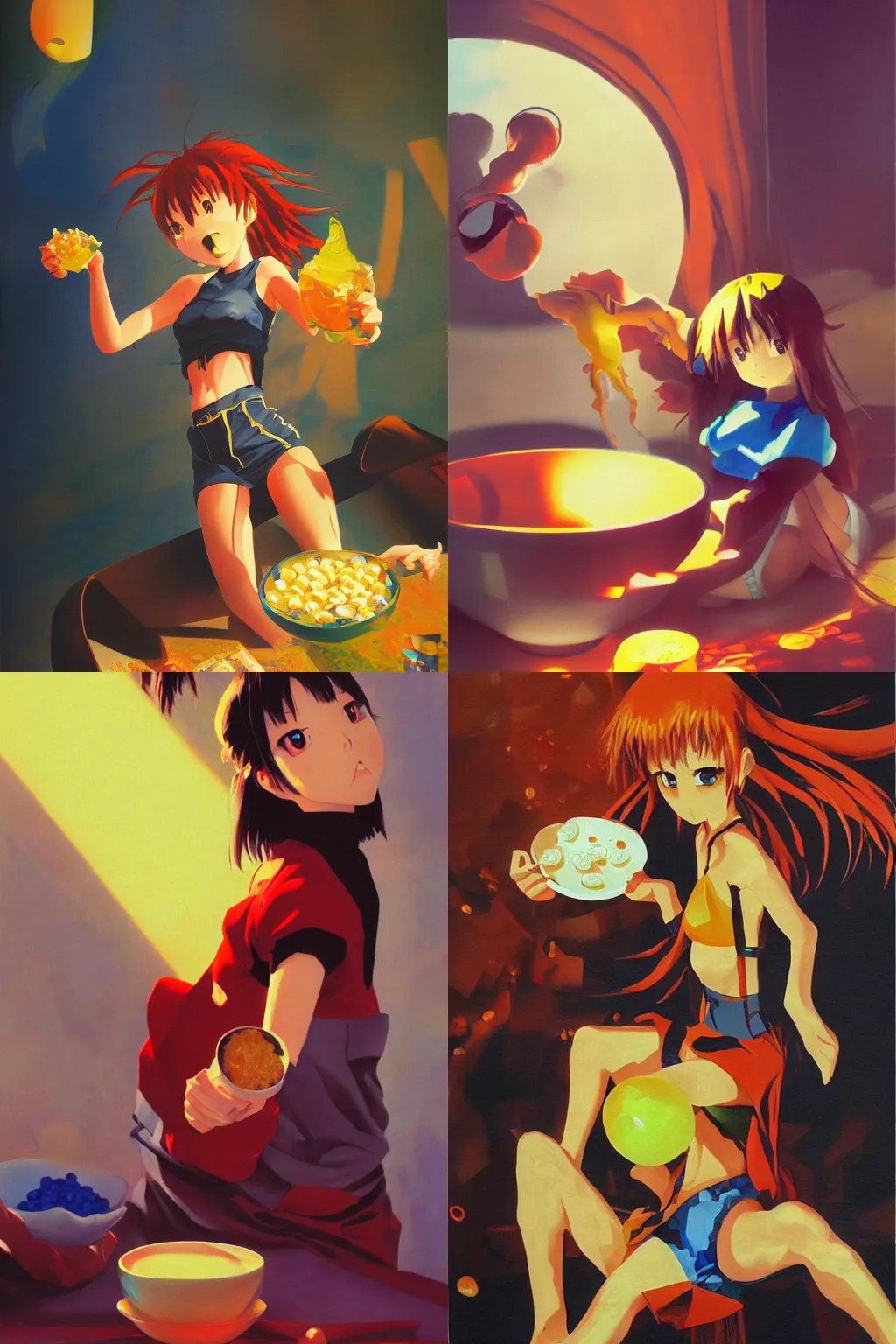Prompt: oil painting, yoji shinakawa, studio gainax, y2k design, anime girl floating in cereal, dramatic lighting