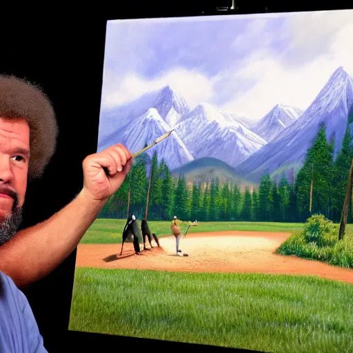 Image similar to a closeup photorealistic photograph of bob ross painting an image of kenny powers pitching a baseball on a canvas. mountains and trees. film still. brightly lit scene. this 4 k hd image is trending on artstation, featured on behance, well - rendered, extra crisp, features intricate detail, epic composition and the style of unreal engine.