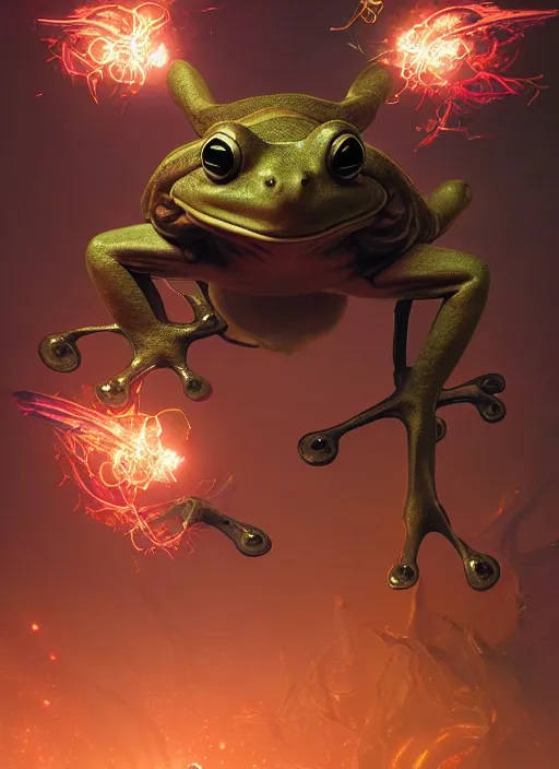 Prompt: beautiful frog comic con frog, intricate lights, phoenix, bio luminescent, plasma, by ruan jia and artgerm and range murata and wlop and ross tran and william - adolphe bouguereau and beeple. key art. fantasy illustration. award winning, artstation, intricate details, realistic, hyperdetailed, 8 k resolution.
