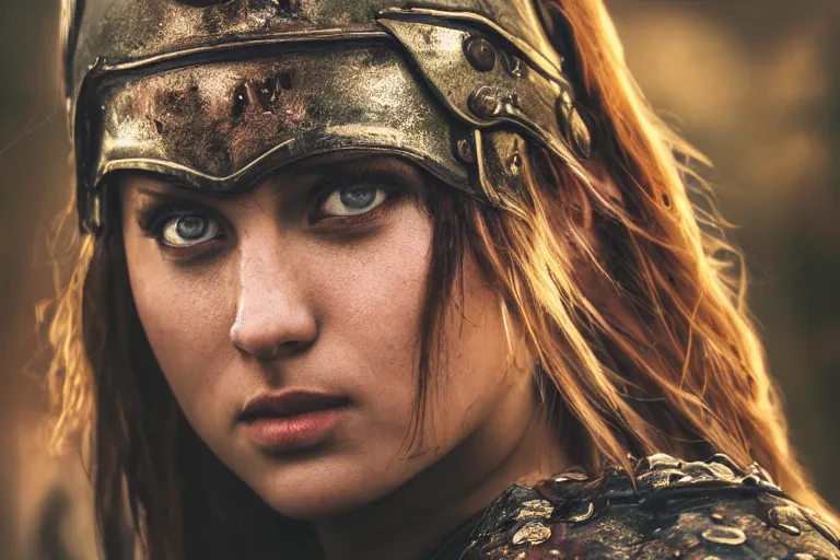 Image similar to close - up photo of a beautiful warrior princess in a battle scene, shallow depth of field, photorealistic, cinematic lighting, warm colours, dusk