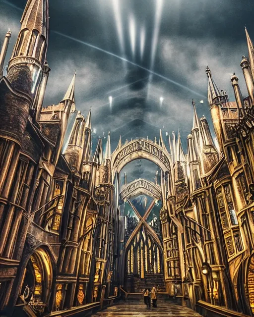 Image similar to a beautifulharry potter school of wizardry, beautiful architecture, low vantage point, cinematic photography, light rays, complex structure, incomprehensible scale