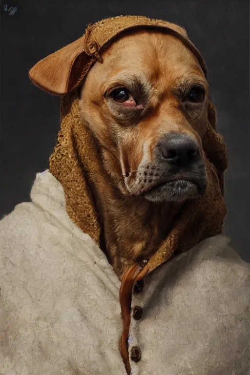 Image similar to Slavic dog head man, characteristic of cynocephaly, woolen torso in medieval clothes, oil painting, hyperrealism, beautiful, high resolution, trending on artstation,