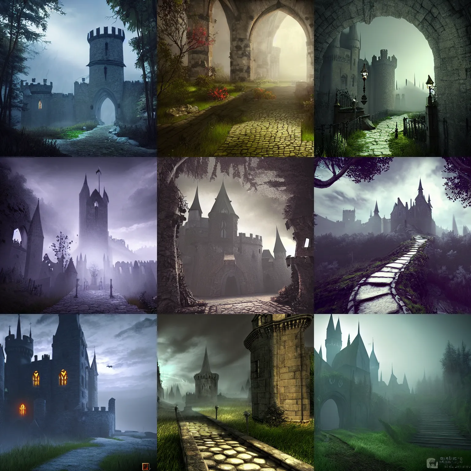 Prompt: fantasy environment with a path leading to a gothic castle. Atmospheric. Unreal engine. Digital art,