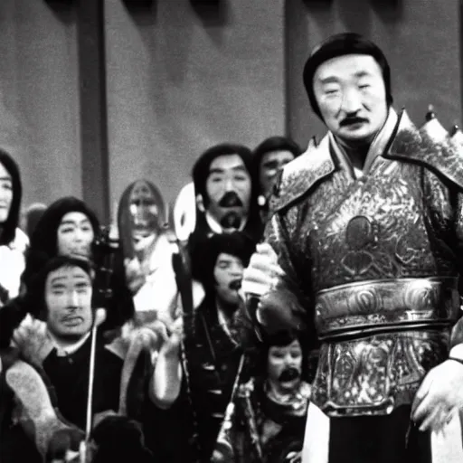 Prompt: Genghis Khan hosting Saturday Night Live in 1975, black and white