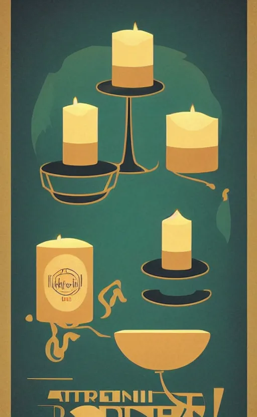 Image similar to illustration with a set of beautiful scented candles, an art deco painting by tom whalen, trending on behance, art deco, retro illustration, digital illustration, storybook illustration, grainy texture, flat shading, vector art, airbrush, pastel, watercolor, poster