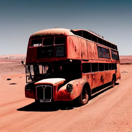 Image similar to photo of a red bus in desert, mad max fury road style