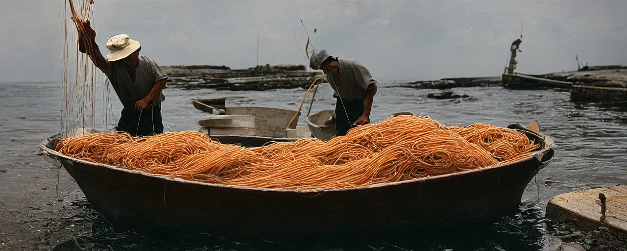 Image similar to fisherman pulling up a fresh catch of spaghetti from the ocean, canon 5 0 mm, cinematic lighting, photography, wes anderson, film, kodachrome