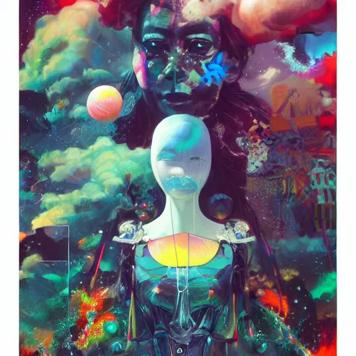 Image similar to surreal gouache painting, by yoshitaka amano, by ruan jia, by conrad roset, by kilian eng, by good smile company, incredibly detailed, of floating molecules and a mannequin artist holding an icosahedron with stars, clouds, and rainbows in the background, cgsociety, retrowave, modular patterned mechanical costume headpiece