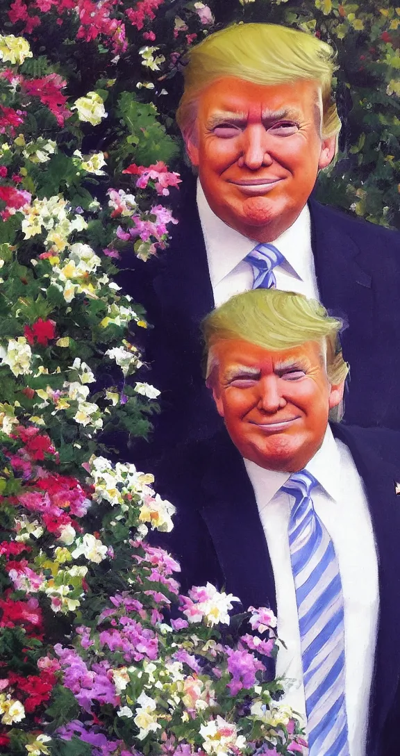 Image similar to romantic portrait of donald trump in an elegant dress surrounded by beautiful flowers, by gregory manchess, james gurney, james jean