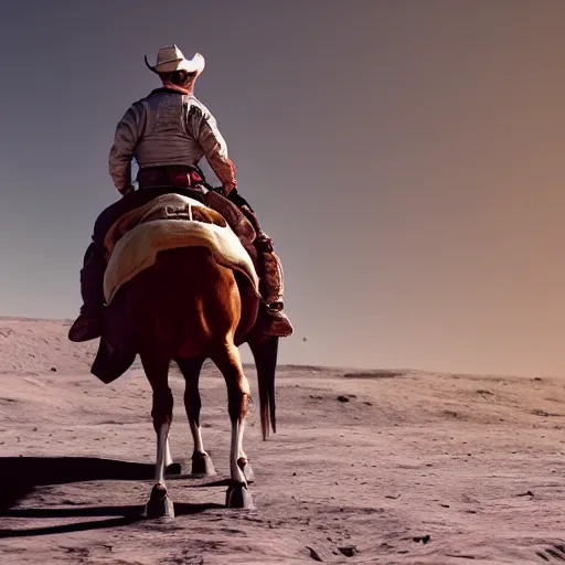 Prompt: cowboy riding a horse on the moon, earth in the background, photorealistic, octane render, blender render, unreal engine