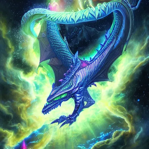 Image similar to a metallic bioluminescent alien dragon flying in outer space, epic nebula, Dan Seagrave art