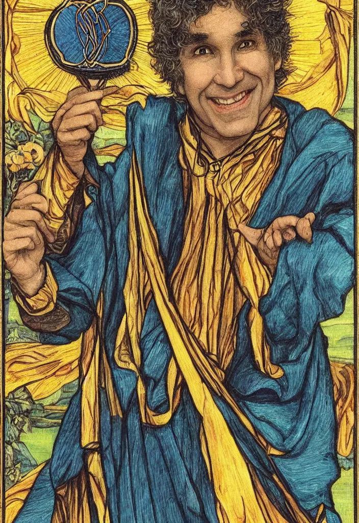 Image similar to Yoshua Bengio smiling on the Tarot card. Illustration by preraphaelists.