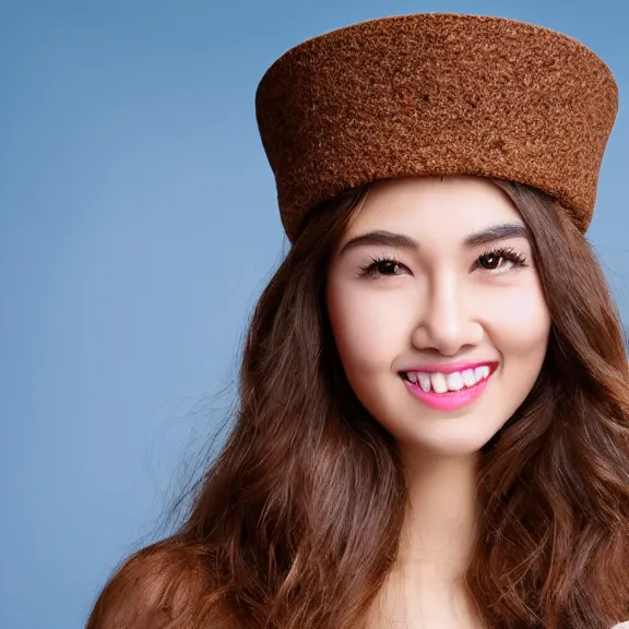 Prompt: portrait of 2 5 - year - old social media profil woman oval pretty face with angle 9 0 ° centred looking away breading fresh air, strong spirit and look between serious and happy, caracter with brown hat, background soft blue