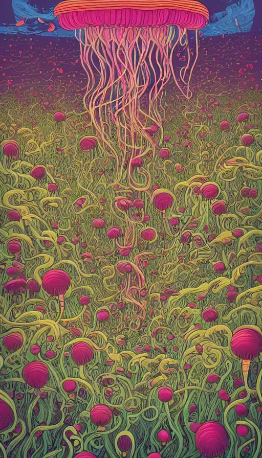 Prompt: The flowery land of the jellyfish, italian futurism, Dan Mumford, da vinci, Josan Gonzalez