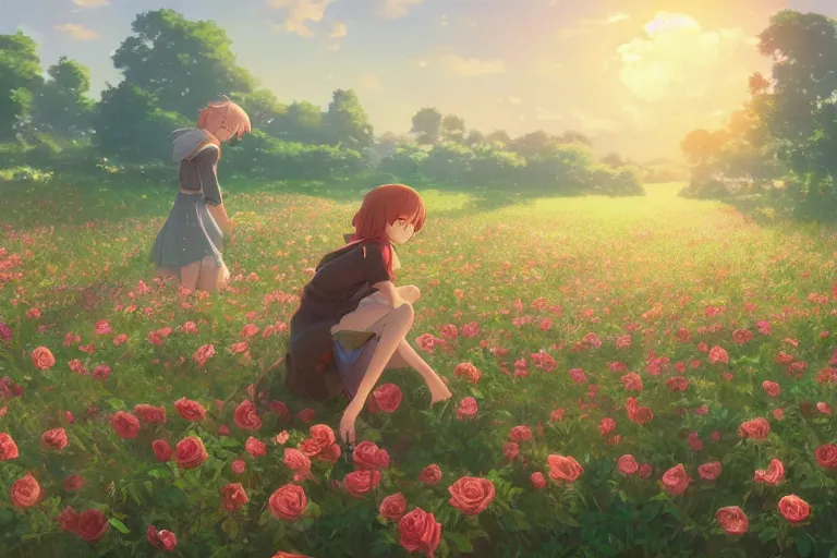 Prompt: girl picking flowers in a field of roses, scenic full shot, ambient lighting, detailed face, by makoto shinkai, stanley artgerm lau, wlop, rossdraws