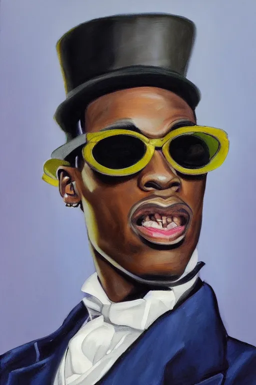 Prompt: portrait of travis scott with sunglasses and a top hat, painting