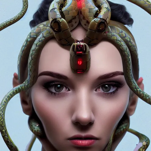 Image similar to a robotic woman with snakes on her hair, artstation