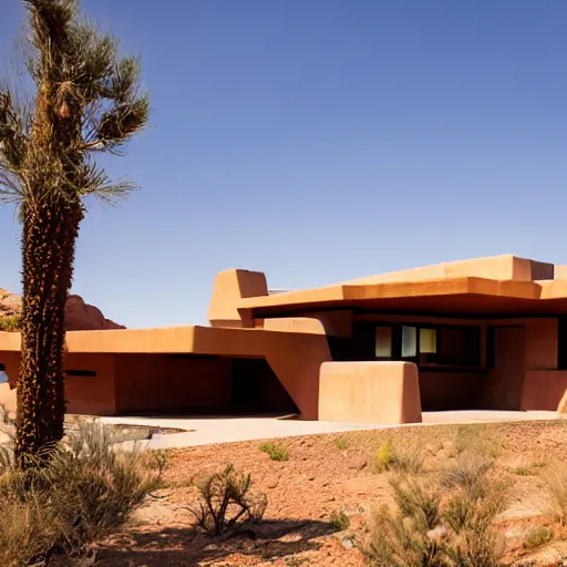 Image similar to A house designed by Frank Lloyd Wright in the middle of the desert, photographed by Fernando Guerra, realistic, 4k, detailed