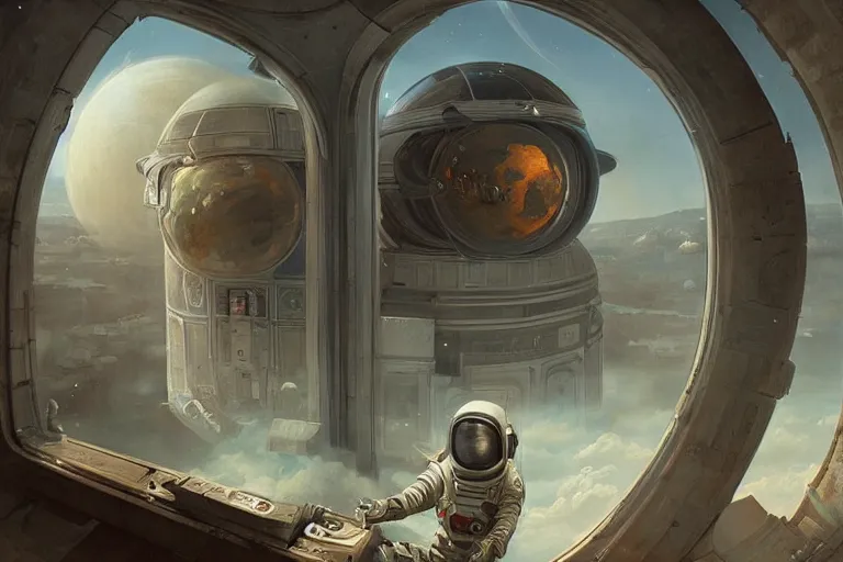 Image similar to a futuristic male astronaut looking at ancient renaissance athens through a time travel spaceship luxury window, scifi, by wlop, peter mohrbacher, jakub rebelka, visually stunning, beautiful, masterpiece