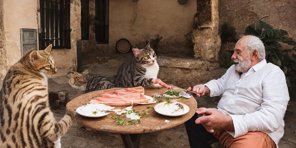 Image similar to photography of a cat sharing mortadella with his loved owner at a trullo house, photoreal, 3 5 mm, award winning photography