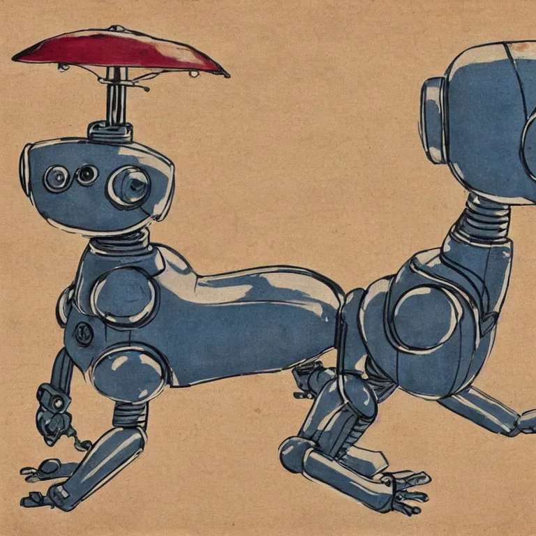 Prompt: a cute retro robot dog. alcohol inks on parchment, muted colors, detailed, beautiful, textured parchment background, 1 9 5 0 s concept art