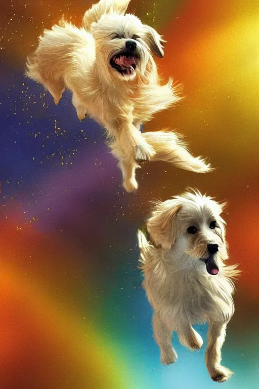 Image similar to a beautiful dog running happily towards its owners at the rainbow bridge, tall golden heavenly gates, amazing, stunning artwork, featured on artstation, cgosciety, behance