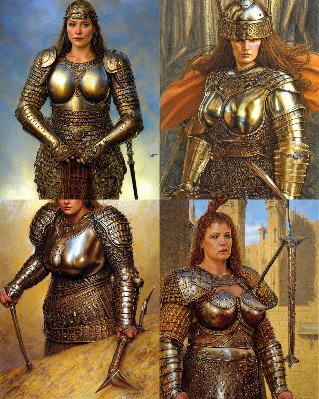 Prompt: portrait, big robust female medieval warrior wearing bronze breastplate, roman style, ultrarealistic, hyperdetailed, smooth, reflections, soft lighting, sharp focus, intricate, by donato giancola, brian froud, jeff easley