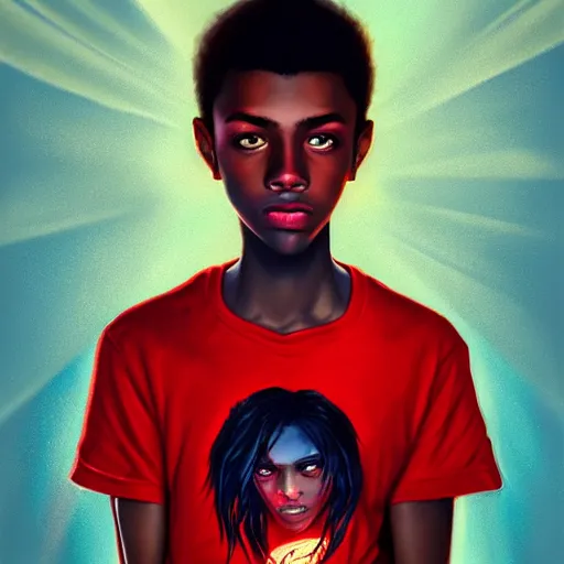 Image similar to colorful and festive captivating teenager with straight brown hair covering his eye, dark skin, big lips, big eyes, wearing a red t - shirt. rich vivid colors, ambient lighting, dynamic lighting, 4 k, atmospheric lighting, painted, intricate, highly detailed by charlie bowater