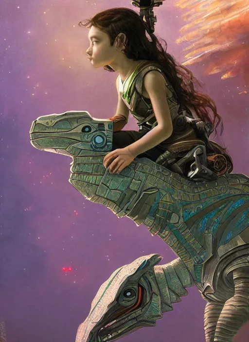 Prompt: portrait of a little cyborg warrior girl character sitting on top of a giant armored dinosaur bird flying in space, epic character with dark skin and beautiful green eyes. the girl has a very beautiful detailed symmetrical face, long black hair. diffuse night light, dramatic landscape, fantasy illustration, matte painting by mucha