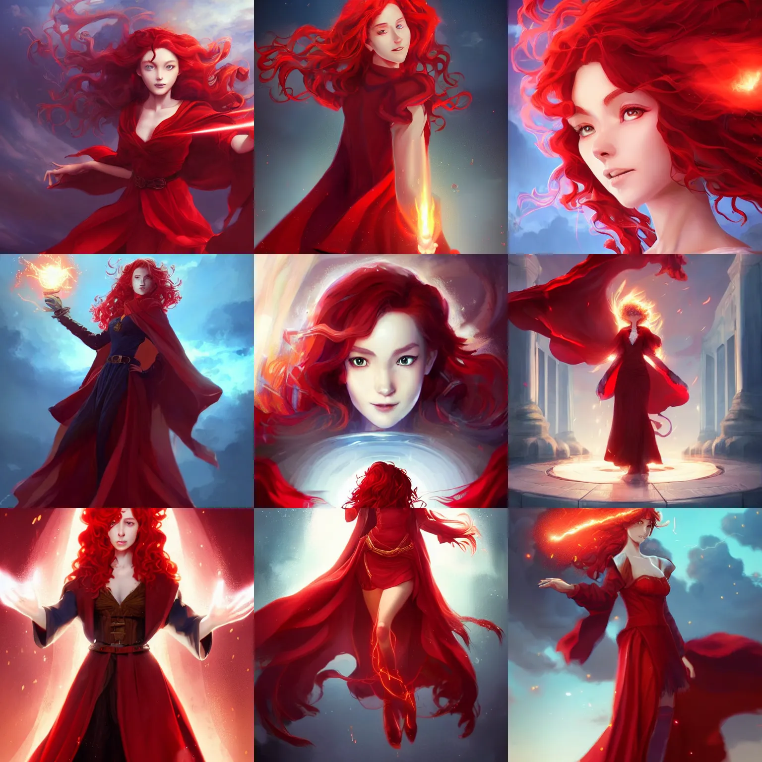 Prompt: beautiful portrait of a female sorcerer with curly red hair wearing a red dress and a red cloak throwing a fireball. character design by charlie bowater, ross tran, artgerm, and makoto shinkai, detailed, soft lighting, rendered in octane