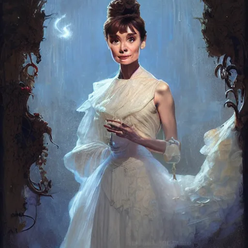 Image similar to audrey hepburn inside haunted mansion, various scenarios, looking for the way out, ghosts around, highly detailed, digital painting, artstation, art by gaston bussiere, greg rutkowski, j. c. leyendecker, robert hubert