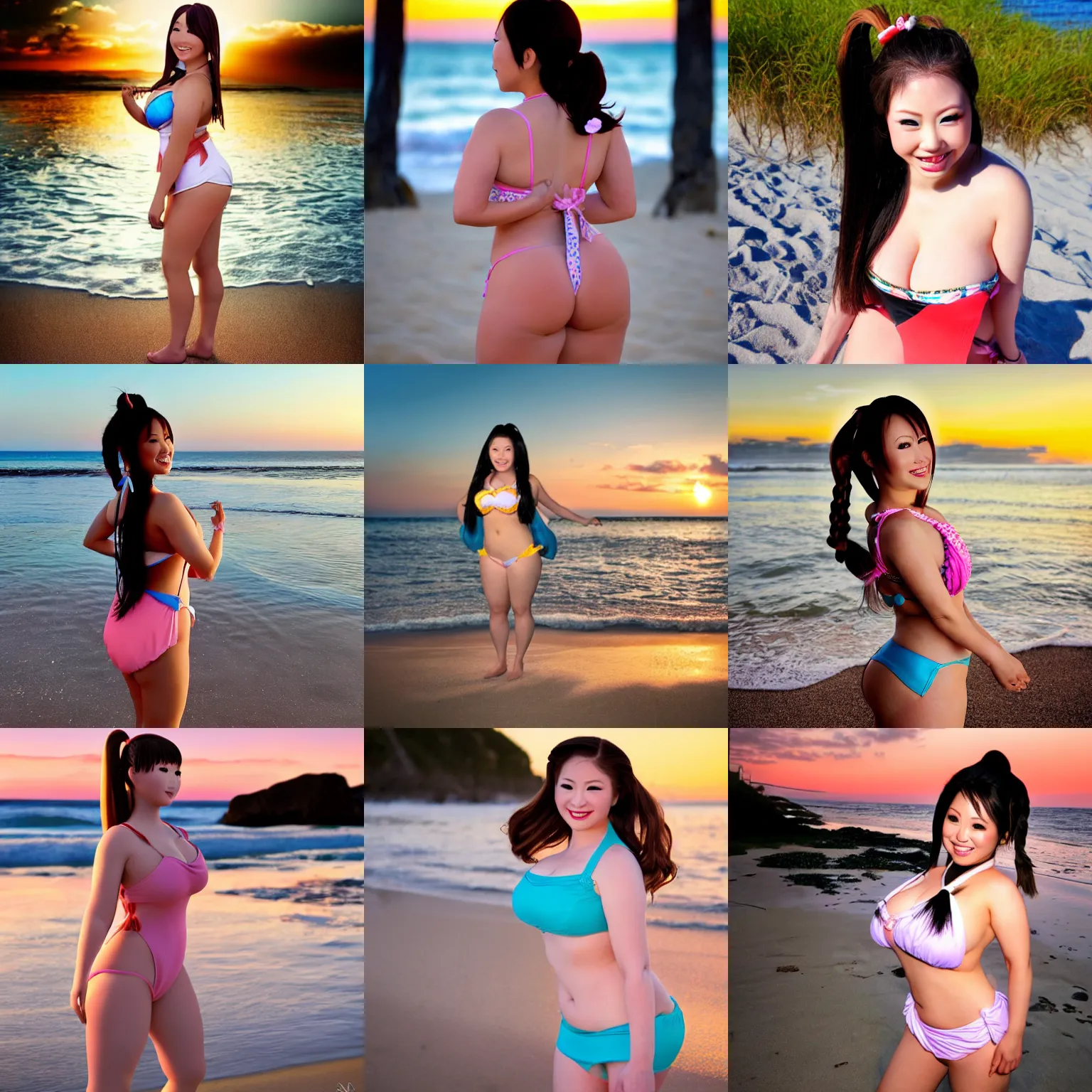 Prompt: hitomi tanaka as a disney princess, hair in pigtails, swimsuit at the beach at sunset, standing sideways, full body view, realistic photo, smiling