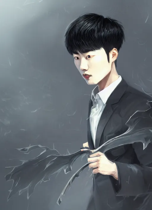 Image similar to a highly detailed illustration of korean man with bowl cut black hair wearing tie with giant black claws, wielding giant black fog claws pose, tired expression, foggy black mist surrounding background, intricate, elegant, highly detailed, centered, digital painting, artstation, concept art, smooth, sharp focus, league of legends concept art, wlop.