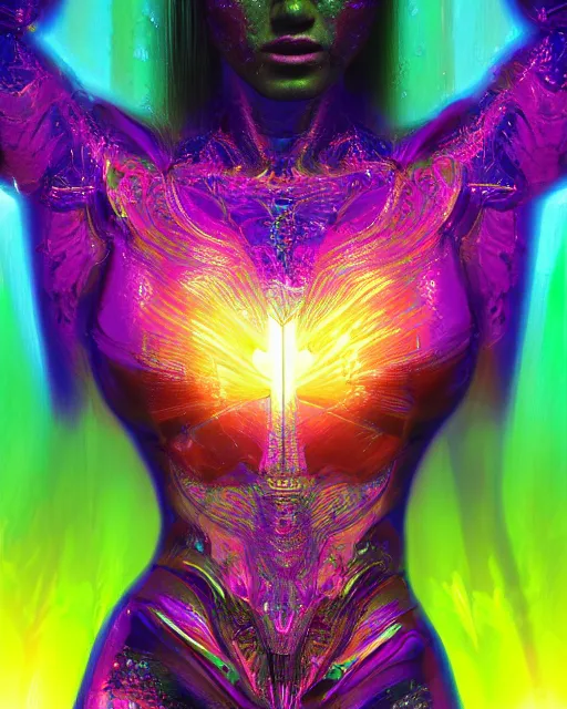 Image similar to a powerful energy psychedelic matrix woman, by alexander fedosav, hyper detailed digital matte painting, concept art, hyperrealism, 1 6 k resolution, cinema 4 d, 8 k resolution, trending on artstation, behance hd, a masterpiece, by stephan martiniere, particles, cel - shaded, power bright neon energy, by david a. hardy,