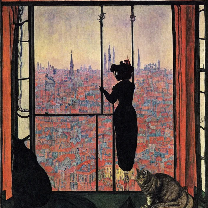 Prompt: portrait of woman in night gown with cat and crane with city with gothic cathedral seen from a window frame with curtains. max ernst, jan van eyck, bonnard, henri de toulouse - lautrec, utamaro, matisse, monet, audubon